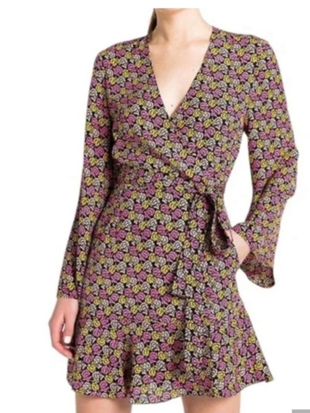 A.L.C. Pink & Yellow Printed Silk Wrap Mini Dress